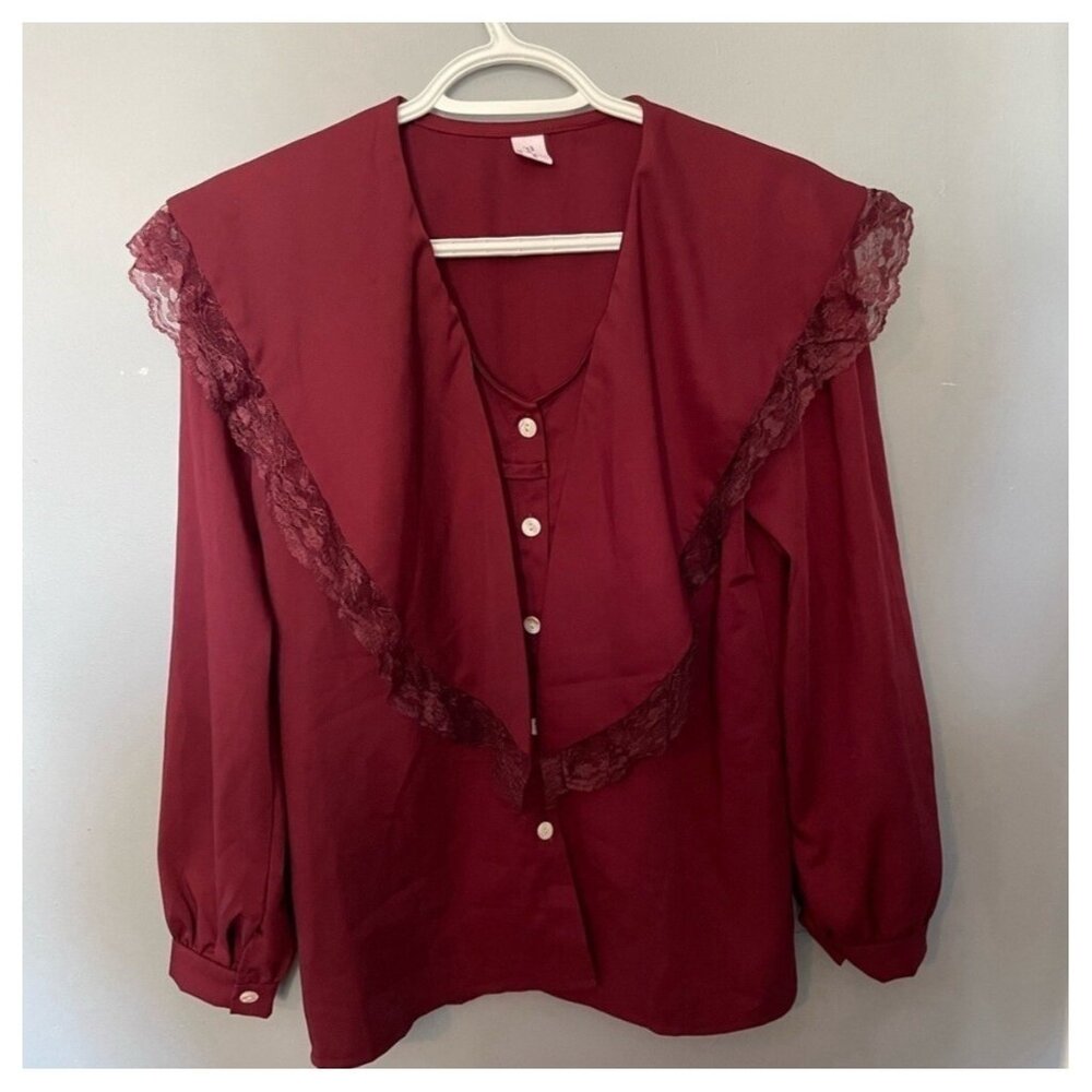Vintage Burgundy Lace Draped Neckline Button-Up Blouse Size Large – VG